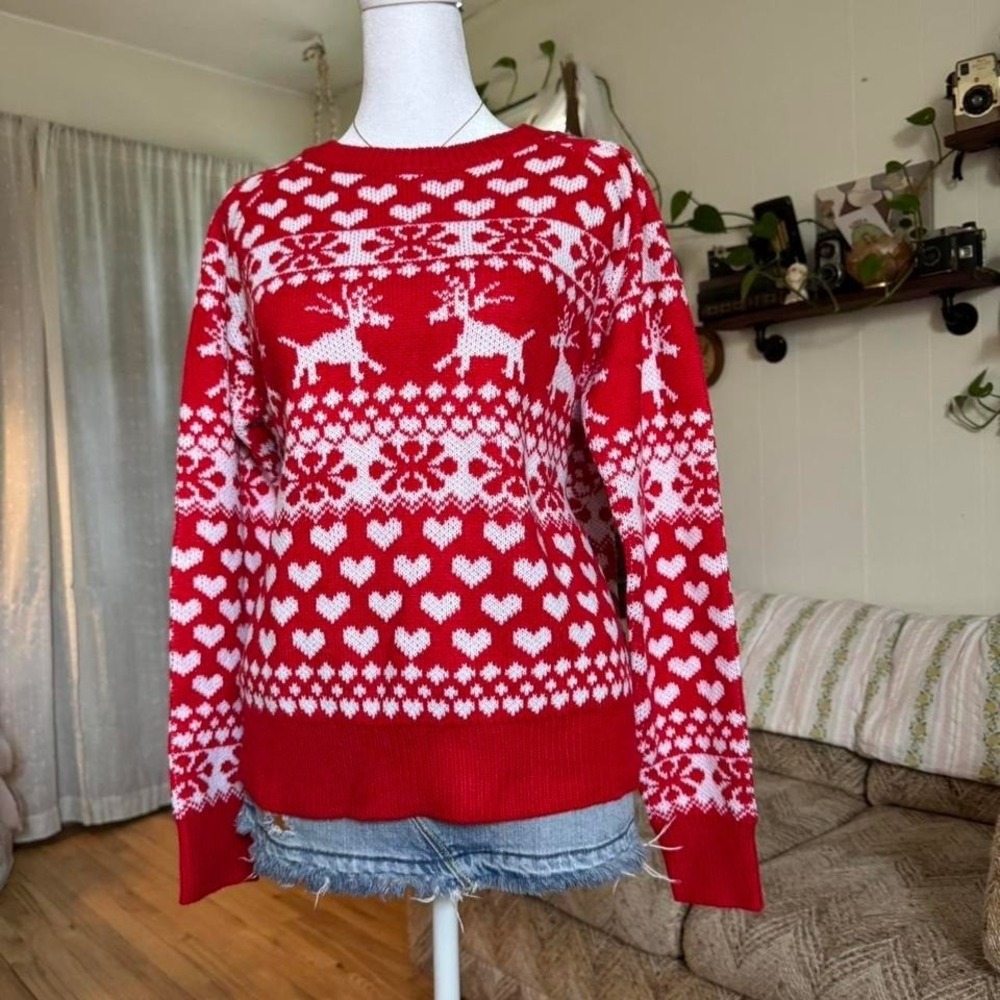 Zaful Red White Reindeer Heart Fair Isle Christmas Holiday Knit Sweater Small